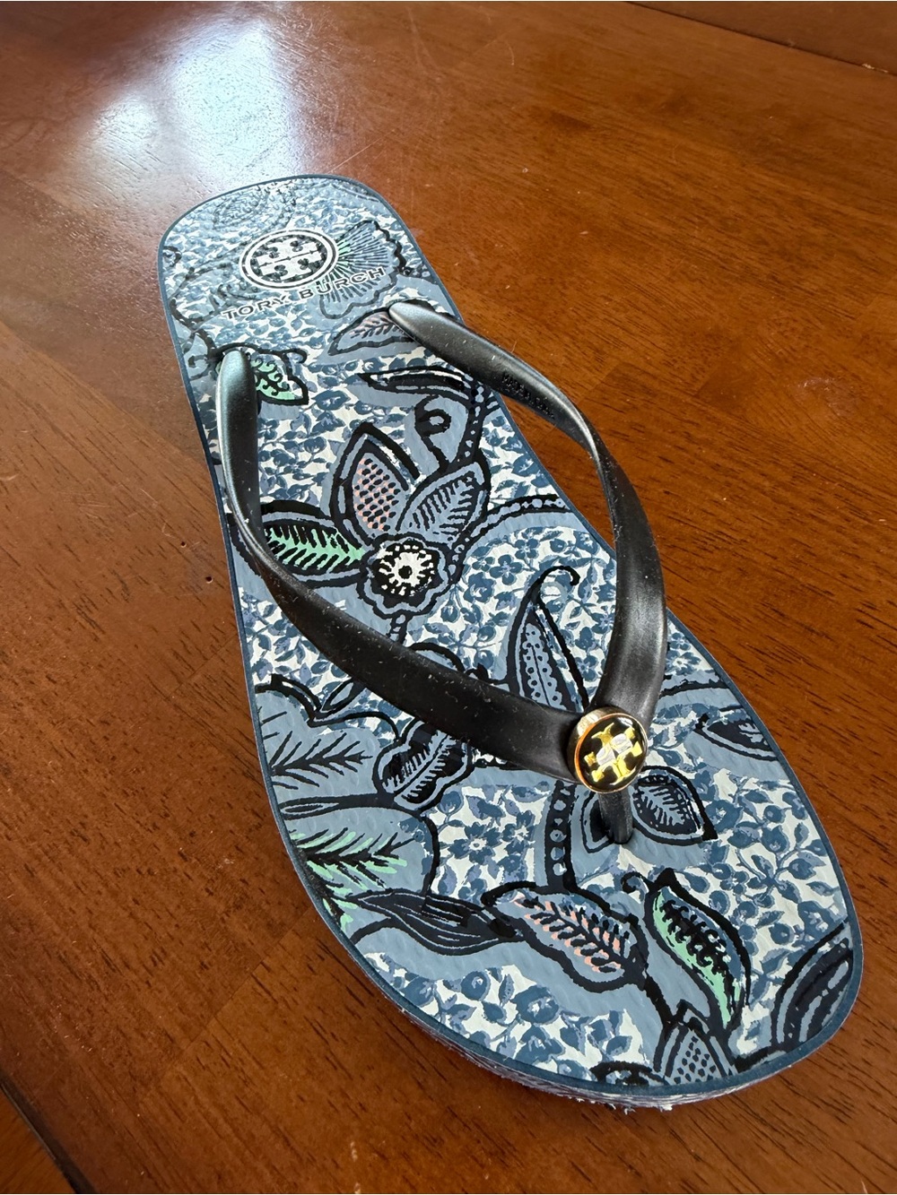 Tory Burch Blue Floral Print Flip Flop Sandal with Black Straps